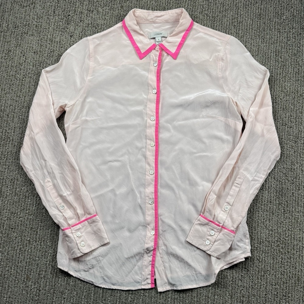 J Crew Womens 2 100% Silk Blouse Button Up Long Sleeve Pink